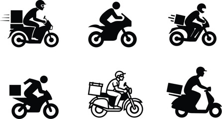 Fast Delivery Biker Icons in Silhouette Style, Motorcycle Delivery Rider Icons Set  Food Delivery Scooter Vector Icons