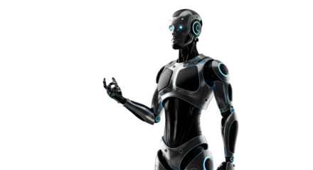 Futuristic humanoid robot with glowing blue eyes extending its hand in a dark studio background