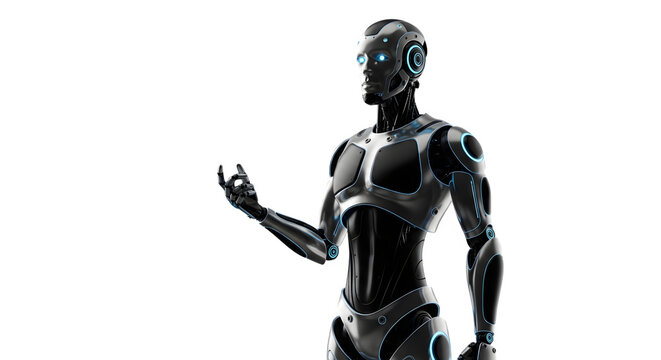 Futuristic humanoid robot with glowing blue eyes extending its hand in a dark studio background