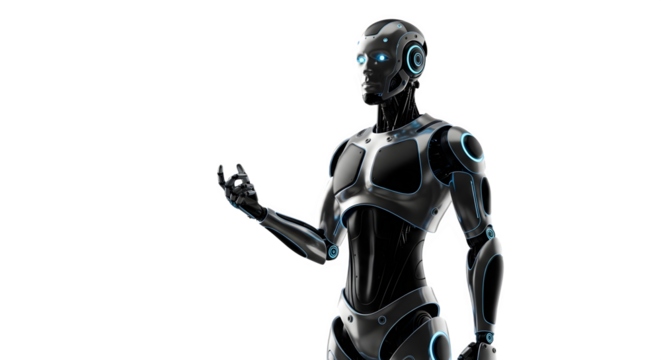 Futuristic humanoid robot with glowing blue eyes extending its hand in a dark studio background