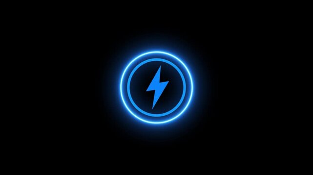 Glowing blue lightning bolt icon in circle neon light effect on black background abstract energy power symbol concept