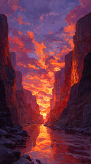 Fiery Sunset Illuminating a Vibrant Canyon Landscape &ndash; Radiant Skies, Glowing Cliffs, and Dramatic Desert Scenery