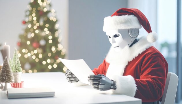 Humanoid AI robot Santa Claus reading letters at home and preparing for Christmas
