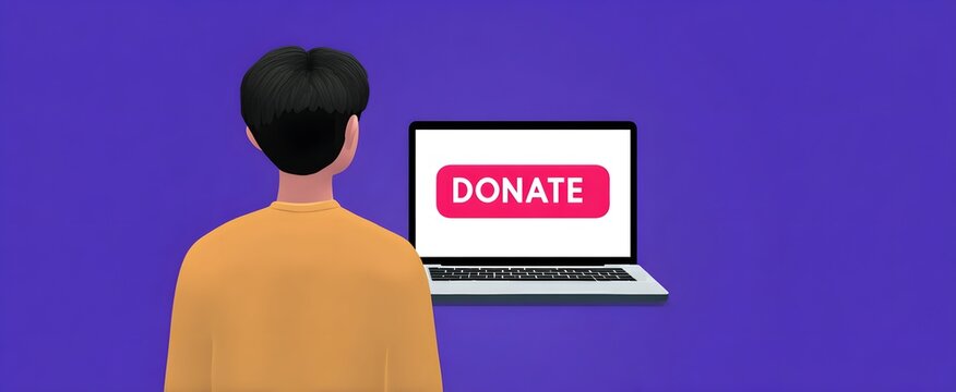 Person from behind viewing a bright laptop screen with a prominent donate button.