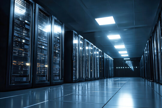 Modern data center featuring rows of servers under bright artificial lighting