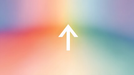 A single white upward arrow centered on a soft pastel rainbow gradient background, minimal style