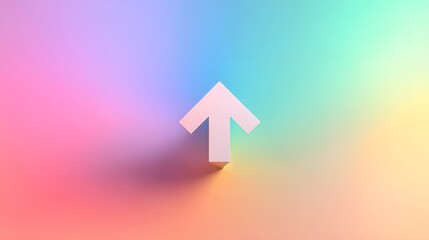 A single white upward arrow centered on a soft pastel rainbow gradient background, minimal style