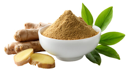 Ground ginger in bowl with fresh root, slices and leaves on transparent