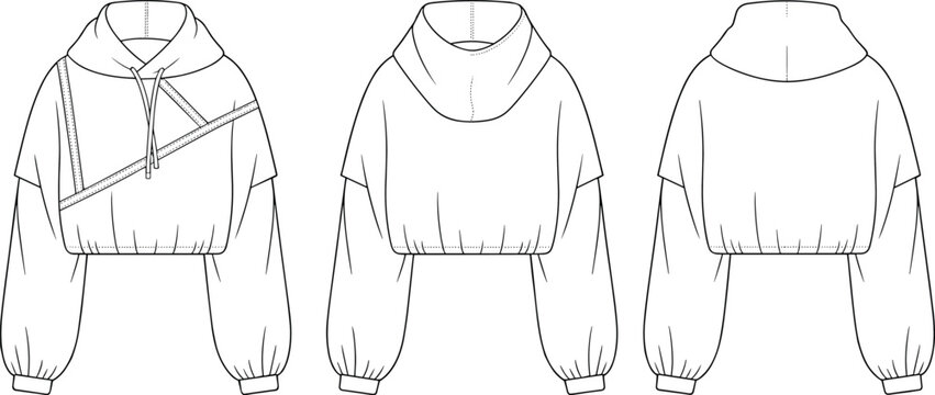 Cropped hoodie technical flat sketch, diagonal zipper design, balloon sleeve gathered hem, front side back view, cad drawing flat vector illustration