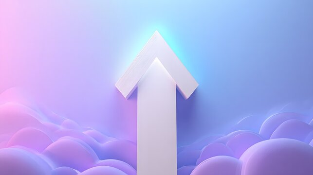 Glowing white upward arrow on a dreamy lavender to baby blue pastel gradient
