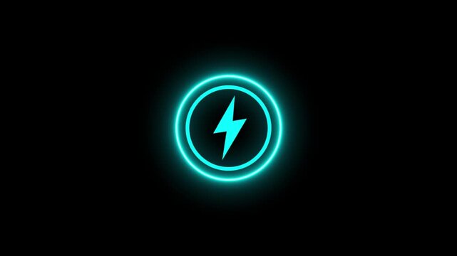 Glowing cyan lightning bolt symbol inside a neon circle on black background abstract energy concept animation