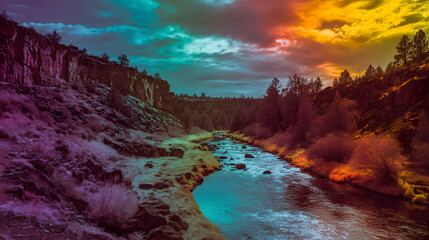 Glowing Canyon River Beneath a Rainbow Sky &ndash; Vibrant Desert Cliffs, Colorful Atmosphere, and Stunning Natural Scenery