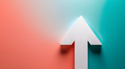 Elegant white arrow pointing up on a smooth teal and coral pastel background