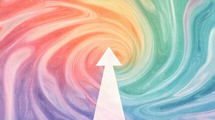Centered white upward arrow on a pastel rainbow swirl background
