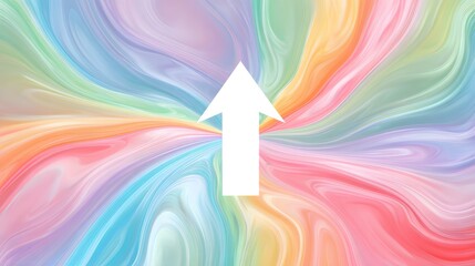 Centered white upward arrow on a pastel rainbow swirl background