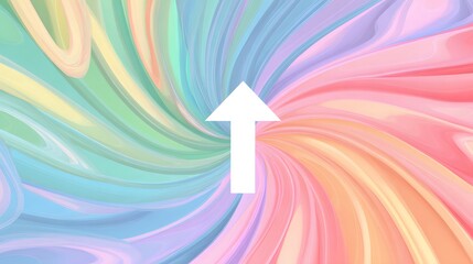 Centered white upward arrow on a pastel rainbow swirl background