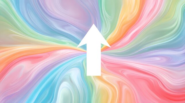 Centered white upward arrow on a pastel rainbow swirl background