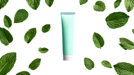 Light blue cream tube surrounded by fresh mint leaves on transparent background, organic spa