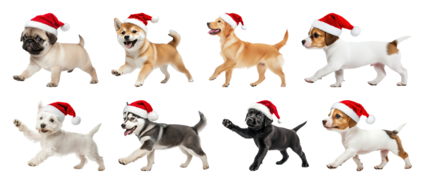 PNG Adorable puppies wearing Santa hats, element set on transparent background