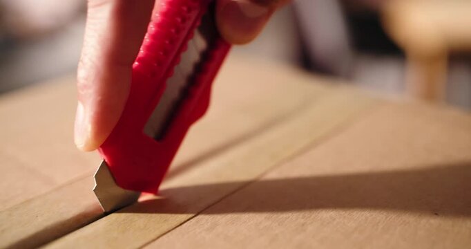 Hands, startup and unboxing with person, cutting and opening parcel with distribution. Small business, employee and sharp tool with package, inspection and supply chain with blade, stock and process