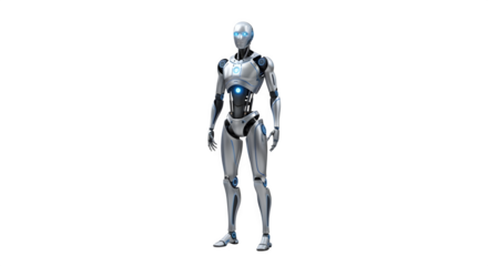 Futuristic humanoid robot standing against a stark black background with a glowing blue chest cavity
