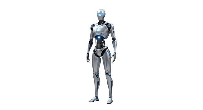 Futuristic humanoid robot standing against a stark black background with a glowing blue chest cavity