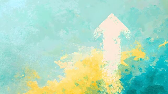 White arrow going up on a gentle cyan and lemon pastel blend background - Powered by Adobe