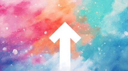 White arrow over a watercolor-style pastel background, upward motion emphasized