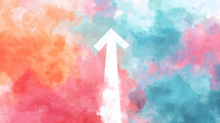 White arrow over a watercolor-style pastel background, upward motion emphasized
