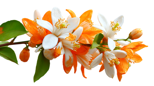 Orange blossom branch with white and orange petals on transparent background