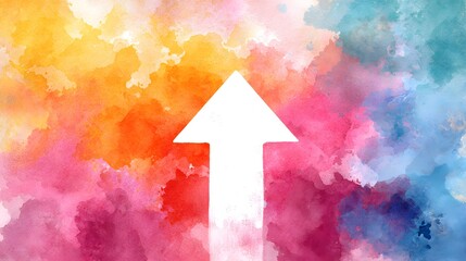 White arrow over a watercolor-style pastel background, upward motion emphasized