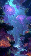 Glowing Jellyfish Drifting Over a Vibrant Coral Reef &ndash; Radiant Marine Life and Stunning Tropical Underwater Scenery