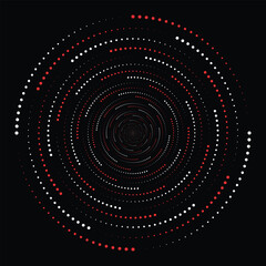 Concentric circles of glowing dots in red and white against black.