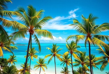 Fototapeta premium Palm trees swaying against a clear turquoise sky with distant islands, blue, clear