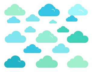 A flat-design illustration featuring various sizes of fluffy cloud shapes in shades of blue and green, set against a white background