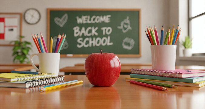 Close-up of Red Apple on Classroom Desk with Pencils and Notebooks, Welcome Back to School Blackboard Background. - Powered by Adobe