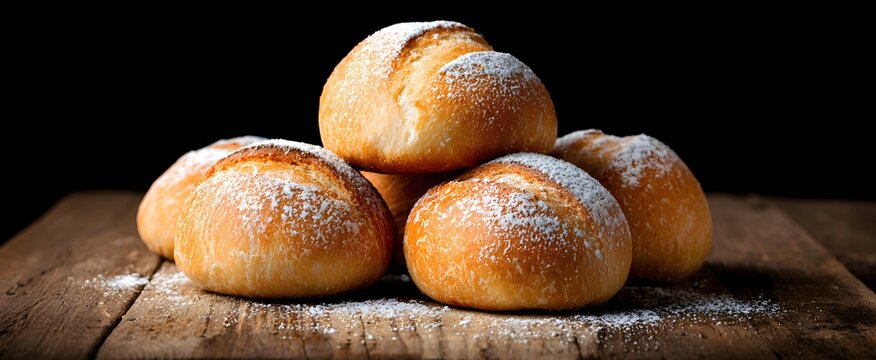 The fluffy freshly baked bread rolls gently dusted with flour on rustic wooden table - Powered by Adobe
