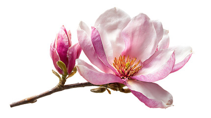 Naklejka premium Pink magnolia flower with bud on stem isolated on transparent background, close up