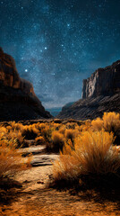 Vibrant Desert Canyon Glowing Under the Night Sky &ndash; Starry Horizons, Illuminated Cliffs, and Dramatic Atmospheric Landscape