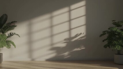 Sunlight streaming window shadow empty room potted plants wood floor - Powered by Adobe