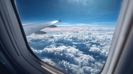 Obraz premium View from airplane window showing wing and clouds against a blue sky background