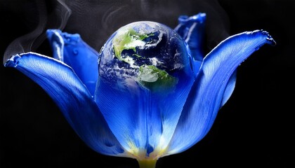 Blue Glass Crystal Tulip Flower Containing Earth Globe With Smoke Effects On Black Background Surreal Macro Scene With Volumetric Lighting And Water Droplets For Creative Design Concepts