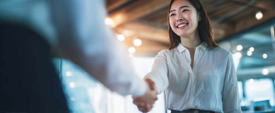 The woman shaking hands with a colleague in a modern office environment smiling and professional