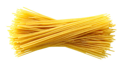 Raw spaghetti pasta arranged in a crisscross pattern on transparent background, closeup view