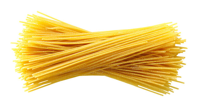 Raw spaghetti pasta arranged in a crisscross pattern on transparent background, closeup view