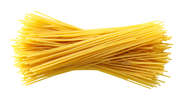 Raw spaghetti pasta arranged in a crisscross pattern on transparent background, closeup view
