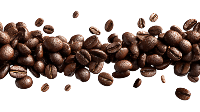 Roasted coffee beans with water droplets levitating and scattered against transparent background