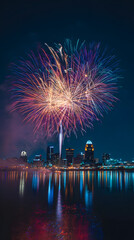 Vibrant Fireworks Exploding Over a City Skyline &ndash; Colorful Night Display, Bright Lights, and Festive Urban Atmosphere