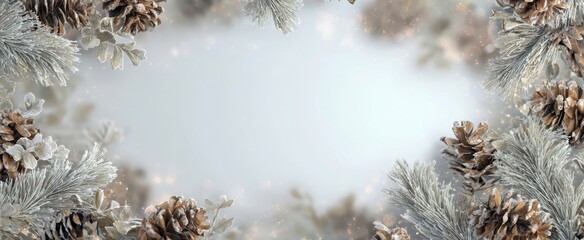 The Pinecone and Frosted Evergreen Border with Snowy Winter Bokeh Background