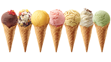 Seven ice cream cones of different flavors in a row on transparent background